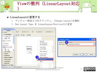 Viewの整列（LinearLayout対応
）
LinearLayoutに変更する
1. プレビュー画面上で右クリックし、[Change Layout]を選択
2. New Layout Type を LinearLayout(Vertical)に変更

This material is licensed under the Creative
Commons License BY-NC-SA 4.0.

81

 