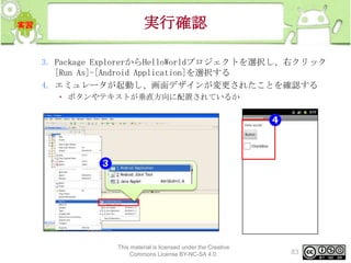 実行確認
3. Package ExplorerからHelloWorldプロジェクトを選択し、右クリック
[Run As]-[Android Application]を選択する
4. エミュレータが起動し、画面デザインが変更されたことを確認する
• ボタンやテキストが垂直方向に配置されているか

This material is licensed under the Creative
Commons License BY-NC-SA 4.0.

83

 
