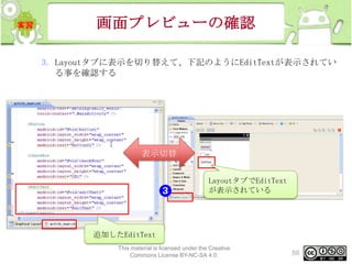 画面プレビューの確認
3. Layoutタブに表示を切り替えて、下記のようにEditTextが表示されてい
る事を確認する

表示切替
LayoutタブでEditText
が表示されている

追加したEditText
This material is licensed under the Creative
Commons License BY-NC-SA 4.0.

86

 