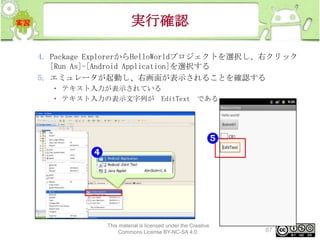 実行確認
4. Package ExplorerからHelloWorldプロジェクトを選択し、右クリック
[Run As]-[Android Application]を選択する
5. エミュレータが起動し、右画面が表示されることを確認する
• テキスト入力が表示されている
• テキスト入力の表示文字列が EditText である

This material is licensed under the Creative
Commons License BY-NC-SA 4.0.

87

 