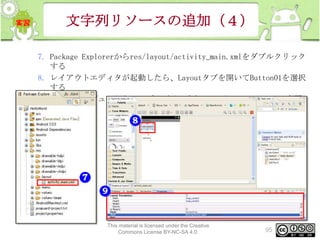 文字列リソースの追加（４）
7. Package Explorerからres/layout/activity_main.xmlをダブルクリック
する
8. レイアウトエディタが起動したら、Layoutタブを開いてButton01を選択
する
9. PropertiesビューからTextプロパティを@string/button_label に変更
する

This material is licensed under the Creative
Commons License BY-NC-SA 4.0.

95

 