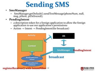 10
Sending SMS
• SmsManager
– SmsManager.getDefault().sendTextMessage(phoneNum, null,
msg, piSent, piDelivered);
• PendingIntent
– a description token for a foreign application to allow the foreign
application to use our application's permissions
– Action → Intent → PendingIntent(for broadcast)
Activity
Context
BroadcastReceiver
brSend
OS
SmsManager
broadcast
BroadcastReceiver
brDeliever
registerReceiver() with IntentFilter
PendingIntent
 