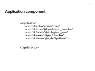 Application component
17
<application	
  
	
  	
  	
  	
  android:allowBackup="true"	
  
	
  	
  	
  	
  android:icon="@drawable/ic_launcher"	
  
	
  	
  	
  	
  android:label="@string/app_name"	
  
	
  	
  	
  	
  android:name=“.MyApplication"	
  
	
  	
  	
  	
  android:theme="@style/AppTheme"	
  >	
  
!
	
  	
  	
  	
  	
  	
  	
  	
  ...	
  
</application>
 