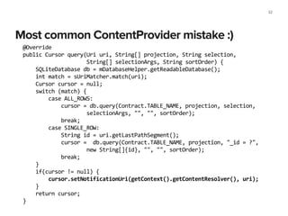 Most common ContentProvider mistake :)
32
@Override	
  
public	
  Cursor	
  query(Uri	
  uri,	
  String[]	
  projection,	
  String	
  selection,	
  
	
  	
  	
  	
  	
  	
  	
  	
  	
  	
  	
  	
  	
  	
  	
  	
  	
  	
  	
  	
  String[]	
  selectionArgs,	
  String	
  sortOrder)	
  {	
  
	
  	
  	
  	
  SQLiteDatabase	
  db	
  =	
  mDatabaseHelper.getReadableDatabase();	
  
	
  	
  	
  	
  int	
  match	
  =	
  sUriMatcher.match(uri);	
  
	
  	
  	
  	
  Cursor	
  cursor	
  =	
  null;	
  
	
  	
  	
  	
  switch	
  (match)	
  {	
  
	
  	
  	
  	
  	
  	
  	
  	
  case	
  ALL_ROWS:	
  
	
  	
  	
  	
  	
  	
  	
  	
  	
  	
  	
  	
  cursor	
  =	
  db.query(Contract.TABLE_NAME,	
  projection,	
  selection,	
  	
  
	
  	
  	
  	
  	
  	
  	
  	
  	
  	
  	
  	
  	
  	
  	
  	
  	
  	
  	
  	
  selectionArgs,	
  "",	
  "",	
  sortOrder);	
  
	
  	
  	
  	
  	
  	
  	
  	
  	
  	
  	
  	
  break;	
  
	
  	
  	
  	
  	
  	
  	
  	
  case	
  SINGLE_ROW:	
  
	
  	
  	
  	
  	
  	
  	
  	
  	
  	
  	
  	
  String	
  id	
  =	
  uri.getLastPathSegment();	
  
	
  	
  	
  	
  	
  	
  	
  	
  	
  	
  	
  	
  cursor	
  =	
  	
  db.query(Contract.TABLE_NAME,	
  projection,	
  "_id	
  =	
  ?",	
  	
  
	
  	
  	
  	
  	
  	
  	
  	
  	
  	
  	
  	
  	
  	
  	
  	
  	
  	
  	
  	
  new	
  String[]{id},	
  "",	
  "",	
  sortOrder);	
  
	
  	
  	
  	
  	
  	
  	
  	
  	
  	
  	
  	
  break;	
  
	
  	
  	
  	
  }	
  
	
  	
  	
  	
  if(cursor	
  !=	
  null)	
  {	
  
	
  	
  	
  	
  	
  	
  	
  	
  cursor.setNotificationUri(getContext().getContentResolver(),	
  uri);	
  
	
  	
  	
  	
  }	
  
	
  	
  	
  	
  return	
  cursor;	
  
}
 