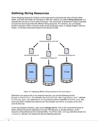 24
Defining String Resources
When designing layouts for Android, you’ll rarely want to hardcode the value of button titles,
labels, and other text fields into the layout’s XML file. Instead, you define string resources in a
separate file and link to it from within the layout. This extra layer of abstraction makes it possible
to reuse the same layout file with different string resources. For instance, you can display
shorter instructions when in portrait mode versus landscape mode, or display English, German,
Arabic, or Chinese instructions based on the device’s locale.
Figure 10: Displaying different string resources in the same layout
Whenever you want to link to any external resource, you use the following format:
@<type>/<identifier>. For example, the android:text="@string/button_text" attribute
in activity_main.xml references a string resource with an identifier of button_text. But,
since we haven’t created that resource yet, the compiler can’t find it, so it gives us an error.
Let’s fix this now.
In the res/values/ directory, open up the strings.xml file. This is the conventional place to
define strings that will be displayed to the user (the filename is actually arbitrary, as the
resource is fully defined by the contained XML). You’ll find a few <string> elements inside of a
<resource> element. Go ahead and add the following element:
 
