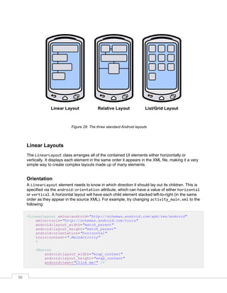 50
Figure 28: The three standard Android layouts
Linear Layouts
The LinearLayout class arranges all of the contained UI elements either horizontally or
vertically. It displays each element in the same order it appears in the XML file, making it a very
simple way to create complex layouts made up of many elements.
Orientation
A LinearLayout element needs to know in which direction it should lay out its children. This is
specified via the android:orientation attribute, which can have a value of either horizontal
or vertical. A horizontal layout will have each child element stacked left-to-right (in the same
order as they appear in the source XML). For example, try changing activity_main.xml to the
following:
<LinearLayout xmlns:android="http://schemas.android.com/apk/res/android"
xmlns:tools="http://schemas.android.com/tools"
android:layout_width="match_parent"
android:layout_height="match_parent"
android:orientation="horizontal"
tools:context=".MainActivity"
>
<Button
android:layout_width="wrap_content"
android:layout_height="wrap_content"
android:text="Click me!" />
 
