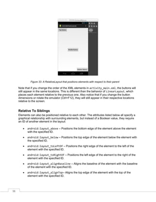 56
Figure 33: A RelativeLayout that positions elements with respect to their parent
Note that if you change the order of the XML elements in activity_main.xml, the buttons will
still appear in the same locations. This is different than the behavior of LinearLayout, which
places each element relative to the previous one. Also notice that if you change the button
dimensions or rotate the emulator (Ctrl+F12), they will still appear in their respective locations
relative to the screen.
Relative To Siblings
Elements can also be positioned relative to each other. The attributes listed below all specify a
graphical relationship with surrounding elements, but instead of a Boolean value, they require
an ID of another element in the layout:
 android:layout_above – Positions the bottom edge of the element above the element
with the specified ID.
 android:layout_below – Positions the top edge of the element below the element with
the specified ID.
 android:layout_toLeftOf – Positions the right edge of the element to the left of the
element with the specified ID.
 android:layout_toRightOf – Positions the left edge of the element to the right of the
element with the specified ID.
 android:layout_alignBaseline – Aligns the baseline of the element with the baseline
of the element with the specified ID.
 android:layout_alignTop– Aligns the top edge of the element with the top of the
element with the specified ID.
 