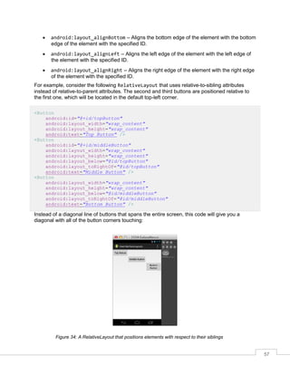 57
 android:layout_alignBottom – Aligns the bottom edge of the element with the bottom
edge of the element with the specified ID.
 android:layout_alignLeft – Aligns the left edge of the element with the left edge of
the element with the specified ID.
 android:layout_alignRight – Aligns the right edge of the element with the right edge
of the element with the specified ID.
For example, consider the following RelativeLayout that uses relative-to-sibling attributes
instead of relative-to-parent attributes. The second and third buttons are positioned relative to
the first one, which will be located in the default top-left corner.
<Button
android:id="@+id/topButton"
android:layout_width="wrap_content"
android:layout_height="wrap_content"
android:text="Top Button" />
<Button
android:id="@+id/middleButton"
android:layout_width="wrap_content"
android:layout_height="wrap_content"
android:layout_below="@id/topButton"
android:layout_toRightOf="@id/topButton"
android:text="Middle Button" />
<Button
android:layout_width="wrap_content"
android:layout_height="wrap_content"
android:layout_below="@id/middleButton"
android:layout_toRightOf="@id/middleButton"
android:text="Bottom Button" />
Instead of a diagonal line of buttons that spans the entire screen, this code will give you a
diagonal with all of the button corners touching:
Figure 34: A RelativeLayout that positions elements with respect to their siblings
 