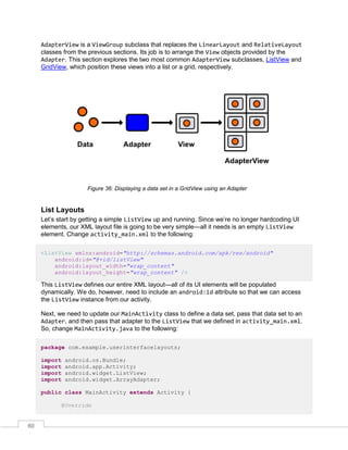 60
AdapterView is a ViewGroup subclass that replaces the LinearLayout and RelativeLayout
classes from the previous sections. Its job is to arrange the View objects provided by the
Adapter. This section explores the two most common AdapterView subclasses, ListView and
GridView, which position these views into a list or a grid, respectively.
Figure 36: Displaying a data set in a GridView using an Adapter
List Layouts
Let’s start by getting a simple ListView up and running. Since we’re no longer hardcoding UI
elements, our XML layout file is going to be very simple—all it needs is an empty ListView
element. Change activity_main.xml to the following:
<ListView xmlns:android="http://schemas.android.com/apk/res/android"
android:id="@+id/listView"
android:layout_width="wrap_content"
android:layout_height="wrap_content" />
This ListView defines our entire XML layout—all of its UI elements will be populated
dynamically. We do, however, need to include an android:id attribute so that we can access
the ListView instance from our activity.
Next, we need to update our MainActivity class to define a data set, pass that data set to an
Adapter, and then pass that adapter to the ListView that we defined in activity_main.xml.
So, change MainActivity.java to the following:
package com.example.userinterfacelayouts;
import android.os.Bundle;
import android.app.Activity;
import android.widget.ListView;
import android.widget.ArrayAdapter;
public class MainActivity extends Activity {
@Override
 