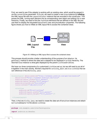 72
First, we need to see if the adapter is working with an existing view, which would be passed in
via the convertView parameter. If it’s not, we need to create a new View instance by inflating
the XML layout file with the LayoutInflater instance that we recorded in the constructor. This
parses the XML, turning each element into its corresponding view object and adding it to a view
hierarchy. Finally, we need to find the TextView elements that we defined in the XML file and
use them to display the requested DataItem’s name and phoneNumber properties. The following
figure shows you how to inflate an XML layout file to access the contained views.
Figure 43: Inflating an XML layout file to access the contained views
This process should provide a better understanding of the purpose of an Adapter: its
getView() method is where the data set is adapted to be displayed in a View hierarchy. The
returned View instance is what gets displayed by the parent ListView/GridView.
We have our three components of a customized ListView set up, but we still need to put all of
it together in the main activity. All that’s required for activity_main.xml is a ListView that we
can reference in MainActivity.java:
<LinearLayout xmlns:android="http://schemas.android.com/apk/res/android"
xmlns:tools="http://schemas.android.com/tools"
android:layout_width="fill_parent"
android:layout_height="fill_parent"
android:orientation="horizontal"
tools:context=".MainActivity" >
<ListView
android:id="@+id/listView"
android:layout_width="fill_parent"
android:layout_height="fill_parent" />
</LinearLayout>
Then, in MainActivity.java, we need to create the data set of DataItem instances and attach
our CustomAdapter to the above ListView:
package com.example.userinterfacelayouts;
import android.os.Bundle;
 