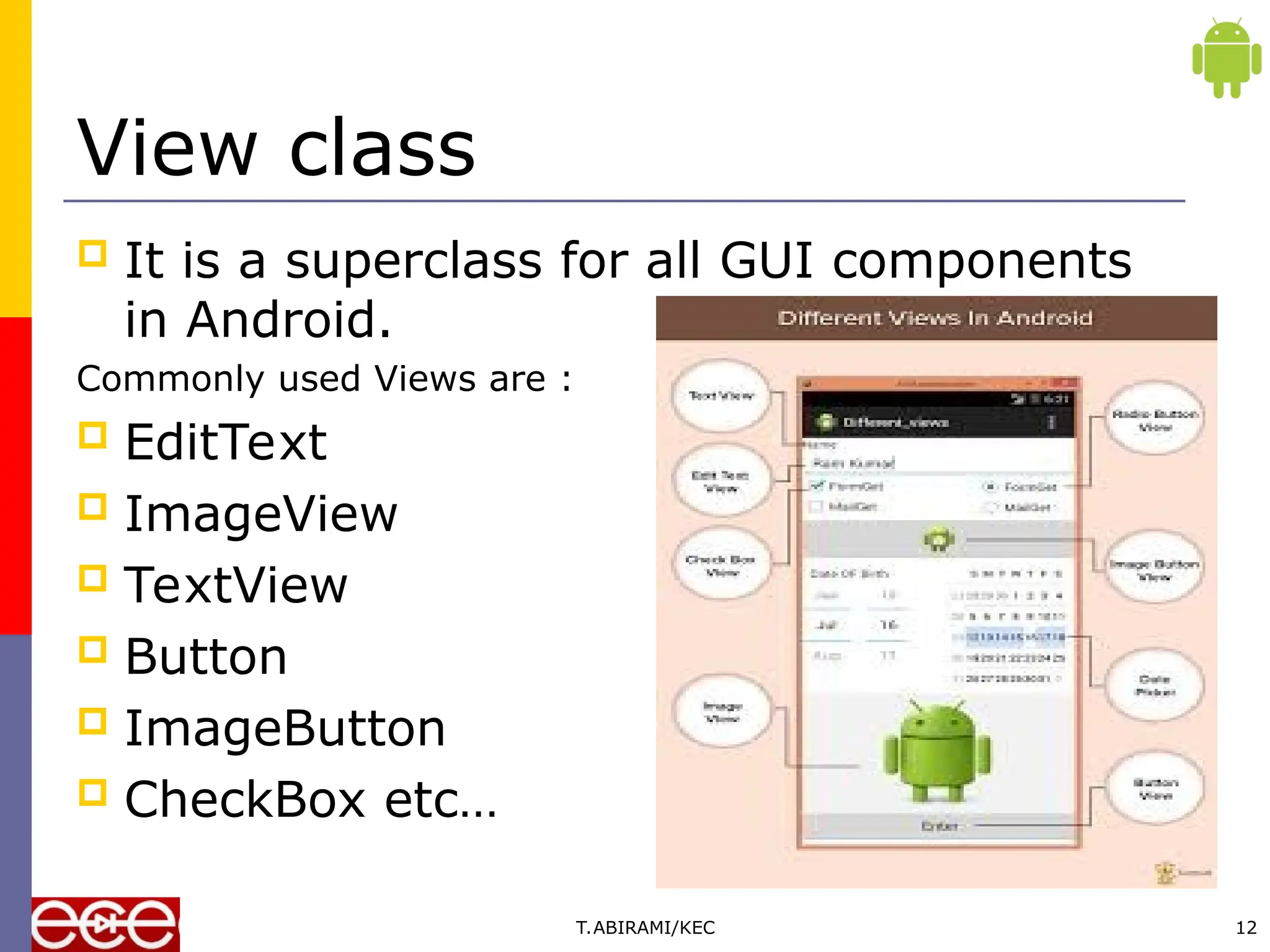 View class
 It is a superclass for all GUI components
in Android.
Commonly used Views are :
 EditText
 ImageView
 TextView
 Button
 ImageButton
 CheckBox etc…
T.ABIRAMI/KEC 12
 