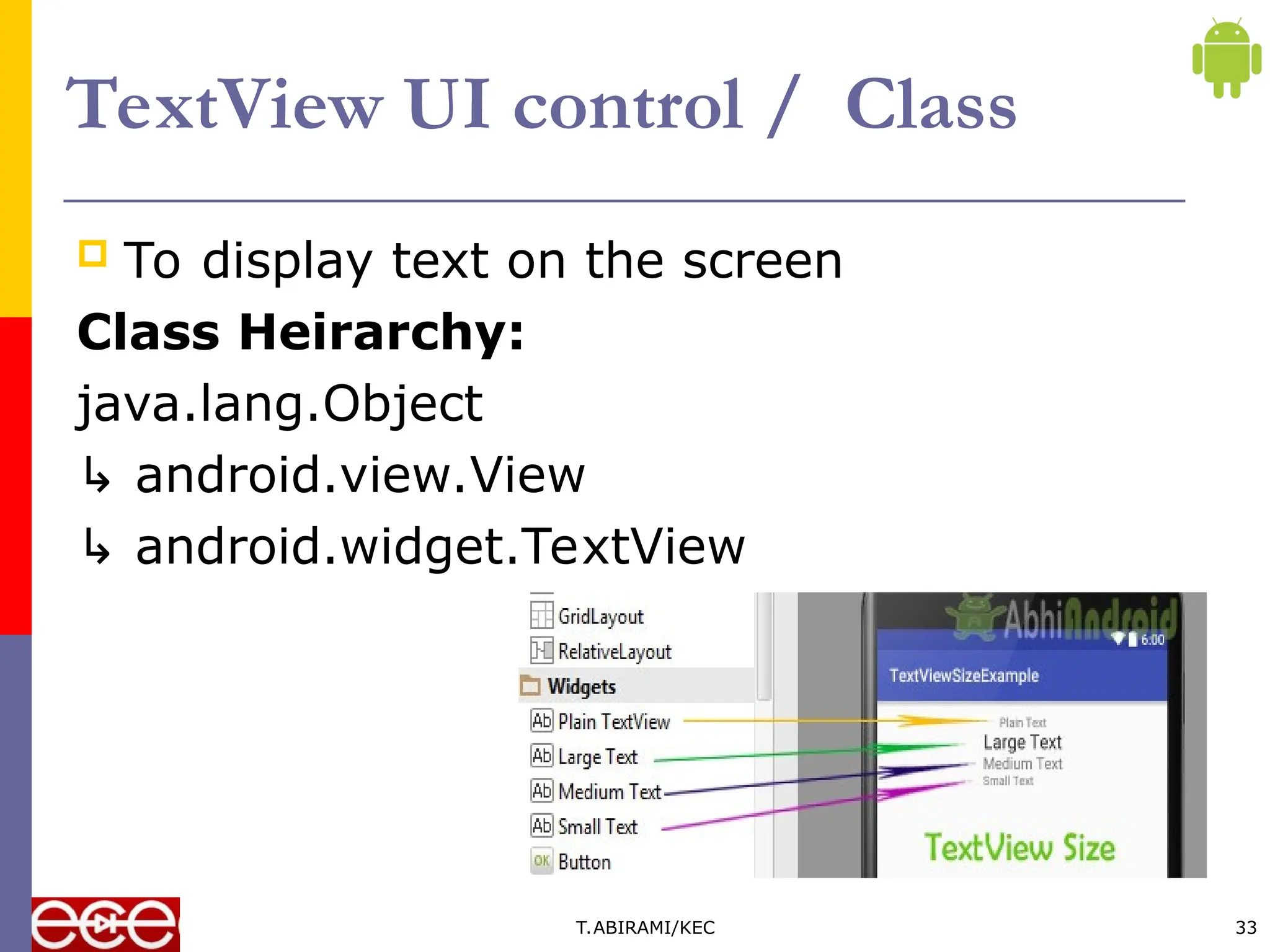 TextView UI control / Class
 To display text on the screen
Class Heirarchy:
java.lang.Object
↳ android.view.View
↳ android.widget.TextView
T.ABIRAMI/KEC 33
 