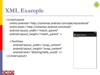 XML Example
<LinearLayout
xmlns:android="http://schemas.android.com/apk/res/android"
xmlns:tools="http://schemas.android.com/tools"
android:layout_width="match_parent"
android:layout_height="match_parent" >
<TextView
android:layout_width="wrap_content"
android:layout_height="wrap_content"
android:text="@string/hello_world" />
</LinearLayout>
 
