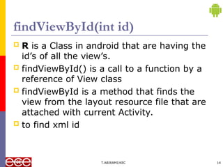 findViewById(int id)
 R is a Class in android that are having the
id’s of all the view’s.
 findViewById() is a call to a function by a
reference of View class
 findViewById is a method that finds the
view from the layout resource file that are
attached with current Activity.
 to find xml id
T.ABIRAMI/KEC 14
 