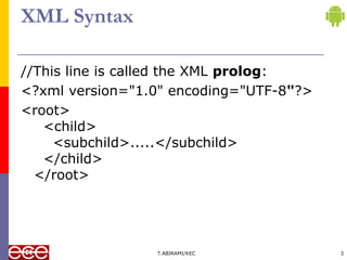 XML Syntax
//This line is called the XML prolog:
<?xml version="1.0" encoding="UTF-8"?>
<root>
<child>
<subchild>.....</subchild>
</child>
</root>
T.ABIRAMI/KEC 3
 
