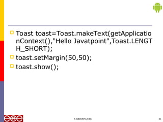  Toast toast=Toast.makeText(getApplicatio
nContext(),"Hello Javatpoint",Toast.LENGT
H_SHORT);
 toast.setMargin(50,50);
 toast.show();
T.ABIRAMI/KEC 31
 