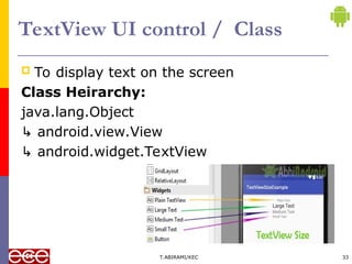 TextView UI control / Class
 To display text on the screen
Class Heirarchy:
java.lang.Object
↳ android.view.View
↳ android.widget.TextView
T.ABIRAMI/KEC 33
 