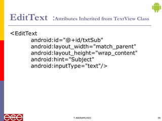EditText :Attributes Inherited from TextView Class
<EditText
android:id="@+id/txtSub"
android:layout_width="match_parent"
android:layout_height="wrap_content"
android:hint="Subject"
android:inputType="text"/>
T.ABIRAMI/KEC 39
 