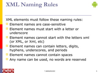 XML Naming Rules
XML elements must follow these naming rules:
 Element names are case-sensitive
 Element names must start with a letter or
underscore
 Element names cannot start with the letters xml
(or XML, or Xml, etc)
 Element names can contain letters, digits,
hyphens, underscores, and periods
 Element names cannot contain spaces
 Any name can be used, no words are reserved
T.ABIRAMI/KEC 5
 
