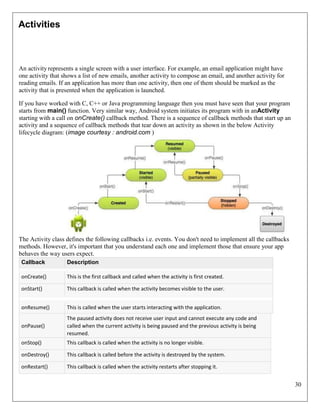 30
Activities
An activity represents a single screen with a user interface. For example, an email application might have
one activity that shows a list of new emails, another activity to compose an email, and another activity for
reading emails. If an application has more than one activity, then one of them should be marked as the
activity that is presented when the application is launched.
If you have worked with C, C++ or Java programming language then you must have seen that your program
starts from main() function. Very similar way, Android system initiates its program with in anActivity
starting with a call on onCreate() callback method. There is a sequence of callback methods that start up an
activity and a sequence of callback methods that tear down an activity as shown in the below Activity
lifecycle diagram: (image courtesy : android.com )
The Activity class defines the following callbacks i.e. events. You don't need to implement all the callbacks
methods. However, it's important that you understand each one and implement those that ensure your app
behaves the way users expect.
Callback Description
onCreate() This is the first callback and called when the activity is first created.
onStart() This callback is called when the activity becomes visible to the user.
onResume() This is called when the user starts interacting with the application.
onPause()
The paused activity does not receive user input and cannot execute any code and
called when the current activity is being paused and the previous activity is being
resumed.
onStop() This callback is called when the activity is no longer visible.
onDestroy() This callback is called before the activity is destroyed by the system.
onRestart() This callback is called when the activity restarts after stopping it.
 