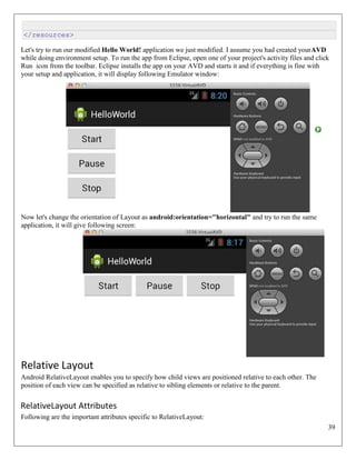 39
</resources>
Let's try to run our modified Hello World! application we just modified. I assume you had created yourAVD
while doing environment setup. To run the app from Eclipse, open one of your project's activity files and click
Run icon from the toolbar. Eclipse installs the app on your AVD and starts it and if everything is fine with
your setup and application, it will display following Emulator window:
Now let's change the orientation of Layout as android:orientation="horizontal" and try to run the same
application, it will give following screen:
Relative Layout
Android RelativeLayout enables you to specify how child views are positioned relative to each other. The
position of each view can be specified as relative to sibling elements or relative to the parent.
RelativeLayout Attributes
Following are the important attributes specific to RelativeLayout:
 