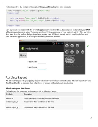 49
Following will be the content of res/values/strings.xml to define two new constants:
<?xml version="1.0" encoding="utf-8"?>
<resources>
<string name="app_name">HelloWorld</string>
<string name="action_settings">Settings</string>
</resources>
Let's try to run our modified Hello World! application we just modified. I assume you had created yourAVD
while doing environment setup. To run the app from Eclipse, open one of your project's activity files and click
Run icon from the toolbar. Eclipse installs the app on your AVD and starts it and if everything is fine with
your setup and application, it will display following Emulator window:
Absolute Layout
An Absolute Layout lets you specify exact locations (x/y coordinates) of its children. Absolute layouts are less
flexible and harder to maintain than other types of layouts without absolute positioning.
AbsoluteLayout Attributes
Following are the important attributes specific to AbsoluteLayout:
Attribute Description
android:id This is the ID which uniquely identifies the layout.
android:layout_x This specifies the x-coordinate of the view.
android:layout_y This specifies the y-coordinate of the view.
 