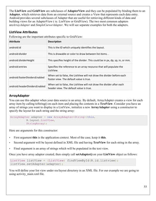 55
The ListView and GridView are subclasses of AdapterView and they can be populated by binding them to an
Adapter, which retrieves data from an external source and creates a View that represents each data entry.
Android provides several subclasses of Adapter that are useful for retrieving different kinds of data and
building views for an AdapterView ( ie. ListView or GridView). The two most common adapters
areArrayAdapter and SimpleCursorAdapter. We will see separate examples for both the adapters.
ListView Attributes
Following are the important attributes specific to GridView:
Attribute Description
android:id This is the ID which uniquely identifies the layout.
android:divider This is drawable or color to draw between list items. .
android:dividerHeight This specifies height of the divider. This could be in px, dp, sp, in, or mm.
android:entries Specifies the reference to an array resource that will populate the
ListView.
android:footerDividersEnabled
When set to false, the ListView will not draw the divider before each
footer view. The default value is true.
android:headerDividersEnabled
When set to false, the ListView will not draw the divider after each
header view. The default value is true.
ArrayAdapter
You can use this adapter when your data source is an array. By default, ArrayAdapter creates a view for each
array item by calling toString() on each item and placing the contents in a TextView. Consider you have an
array of strings you want to display in a ListView, initialize a new ArrayAdapter using a constructor to
specify the layout for each string and the string array:
ArrayAdapter adapter = new ArrayAdapter<String>(this,
R.layout.ListView,
StringArray);
Here are arguments for this constructor:
• First argument this is the application context. Most of the case, keep it this.
• Second argument will be layout defined in XML file and having TextView for each string in the array.
• Final argument is an array of strings which will be populated in the text view.
Once you have array adaptor created, then simply call setAdapter() on your ListView object as follows:
ListView listView = (ListView) findViewById(R.id.listview);
listView.setAdapter(adapter);
You will define your list view under res/layout directory in an XML file. For our example we are going to
using activity_main.xml file.
 