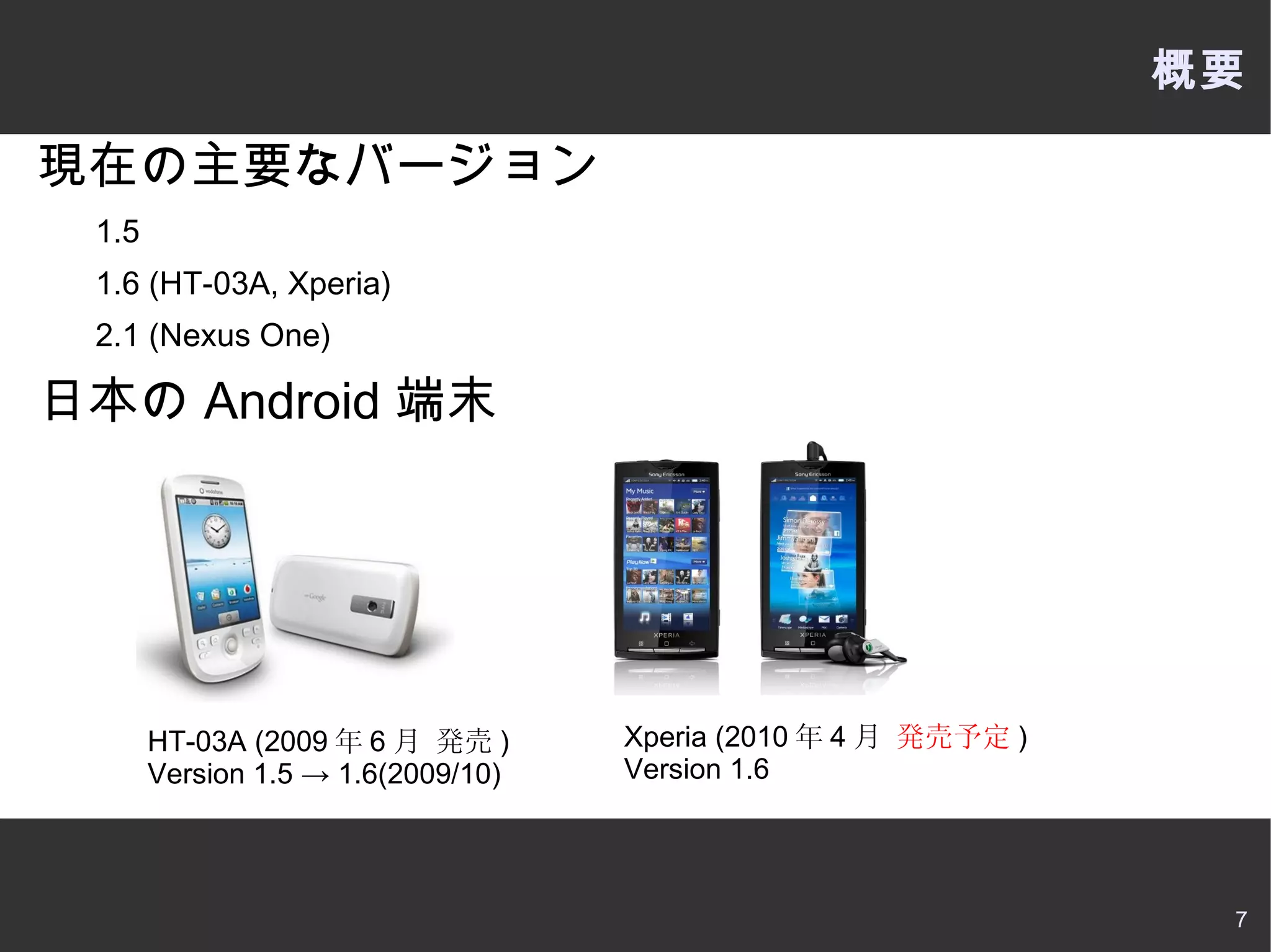 オープンソース Linux、libc、SQLite、Open GL ES、etc... Java SE(の拡張) Dalvik(ダルビック) JVM 