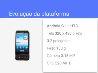 Evolução da plataforma 
Android G1 – HTC 
Tela 320 x 480 pixels 
3.2 polegadas 
Peso 158 g 
Câmera 3.15 MP 
CPU 528 MHz 
 