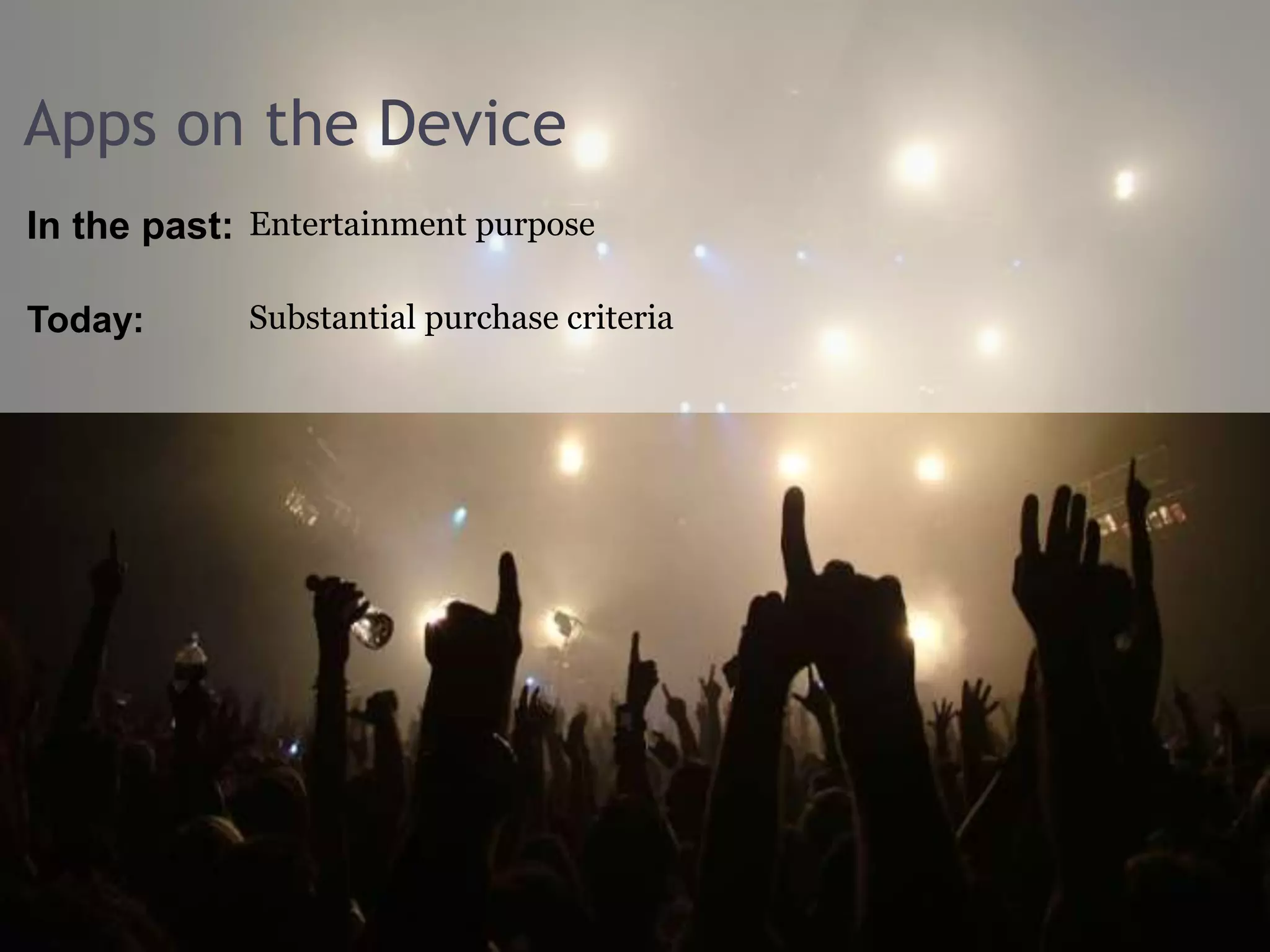 Apps on the Device 
In the past: 
Today: 
Entertainment purpose 
Substantial purchase criteria 
 