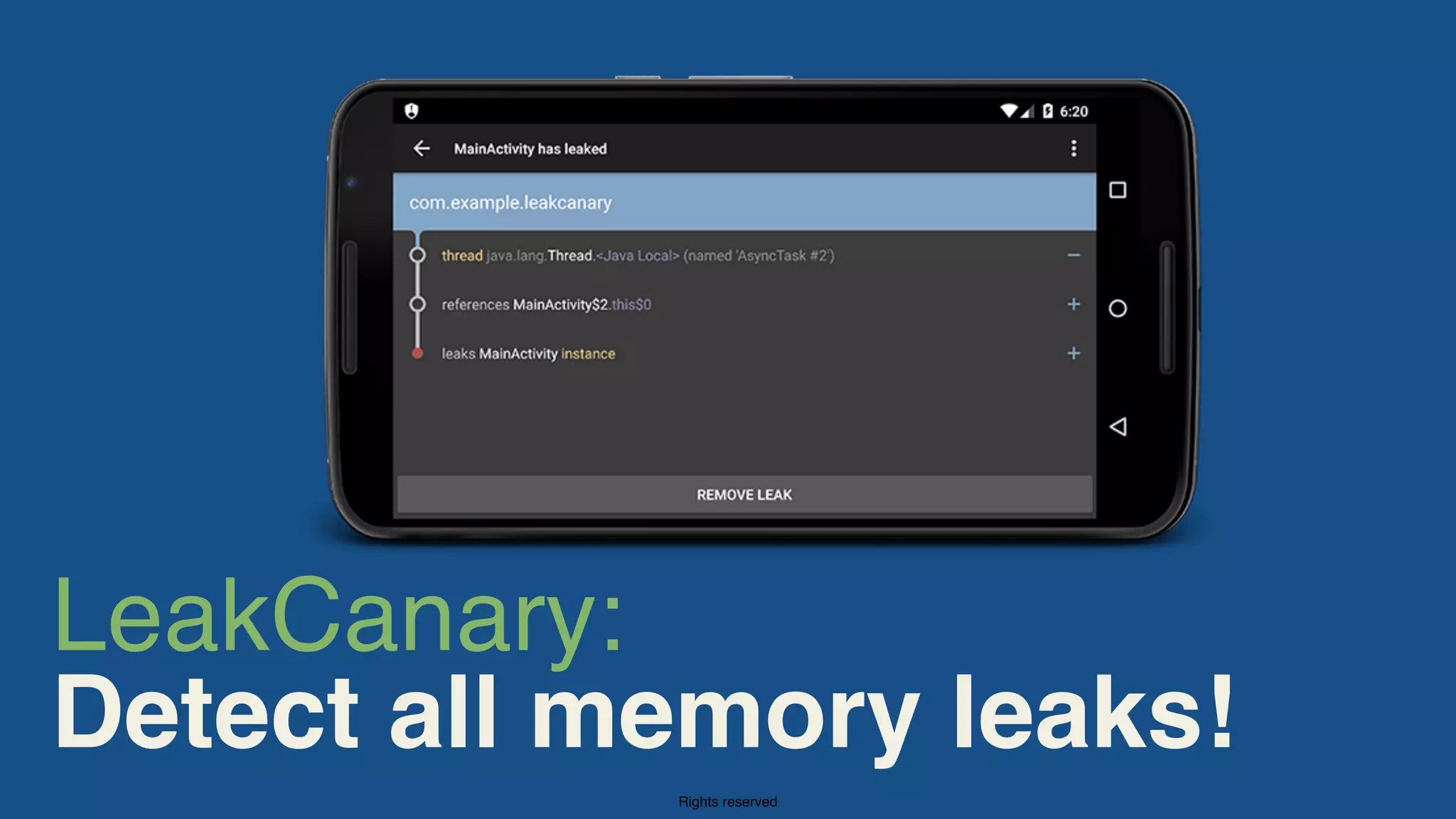 Rights reserved
LeakCanary:
Detect all memory leaks!
 