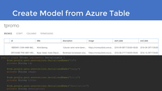 Create Model from Azure Table
public class TPromo implements Serializable {
@com.google.gson.annotations.SerializedName("id")
private String id;
@com.google.gson.annotations.SerializedName("image")
private String image;
@com.google.gson.annotations.SerializedName("title")
private String title;
@com.google.gson.annotations.SerializedName("description")
private String description;
 