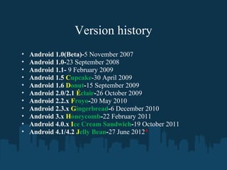 Version history
•   Android 1.0(Beta)-5 November 2007
•   Android 1.0-23 September 2008
•   Android 1.1- 9 February 2009
•   Android 1.5 Cupcake-30 April 2009
•   Android 1.6 Donut-15 September 2009
•   Android 2.0/2.1 Éclair-26 October 2009
•   Android 2.2.x Froyo-20 May 2010
•   Android 2.3.x Gingerbread-6 December 2010
•   Android 3.x Honeycomb-22 February 2011
•   Android 4.0.x Ice Cream Sandwich-19 October 2011
•   Android 4.1/4.2 Jelly Bean-27 June 2012*
 