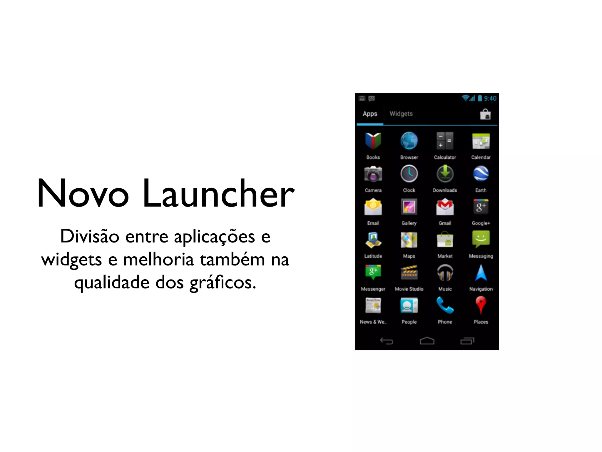Novo Launcher
  Divisão entre aplicações e
widgets e melhoria também na
   qualidade dos gráﬁcos.
 