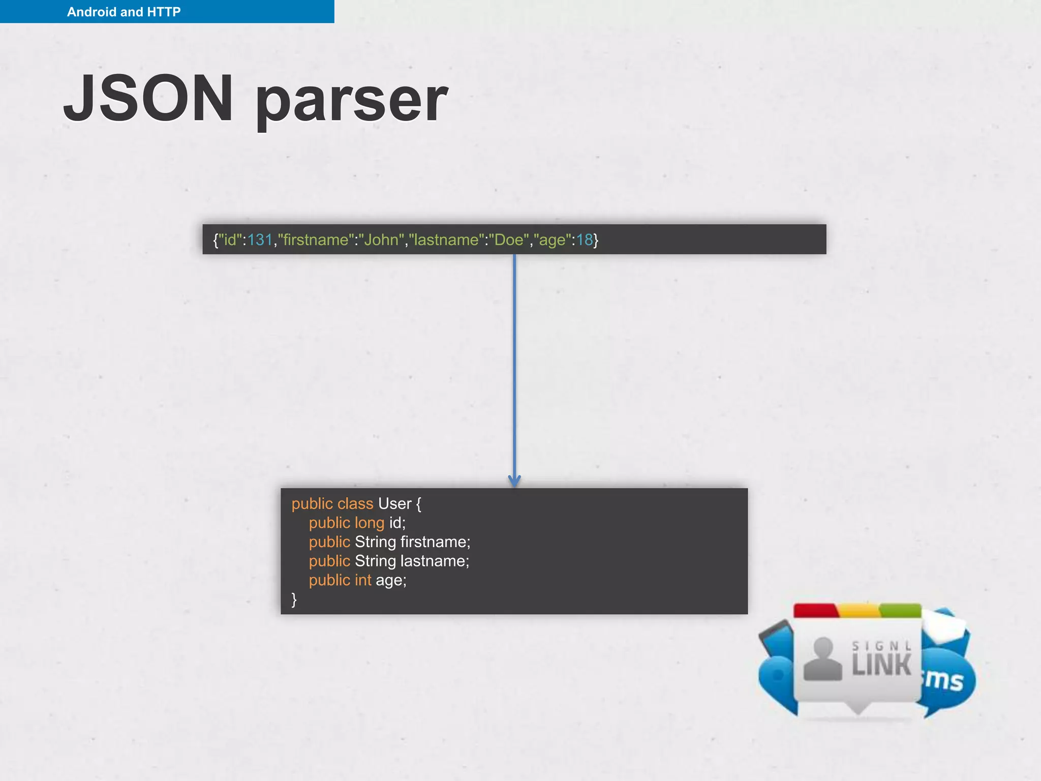 Android and HTTP




JSON parser
                   {"id":131,"firstname":"John","lastname":"Doe","age":18}




                              public class User {
                                public long id;
                                public String firstname;
                                public String lastname;
                                public int age;
                              }
 
