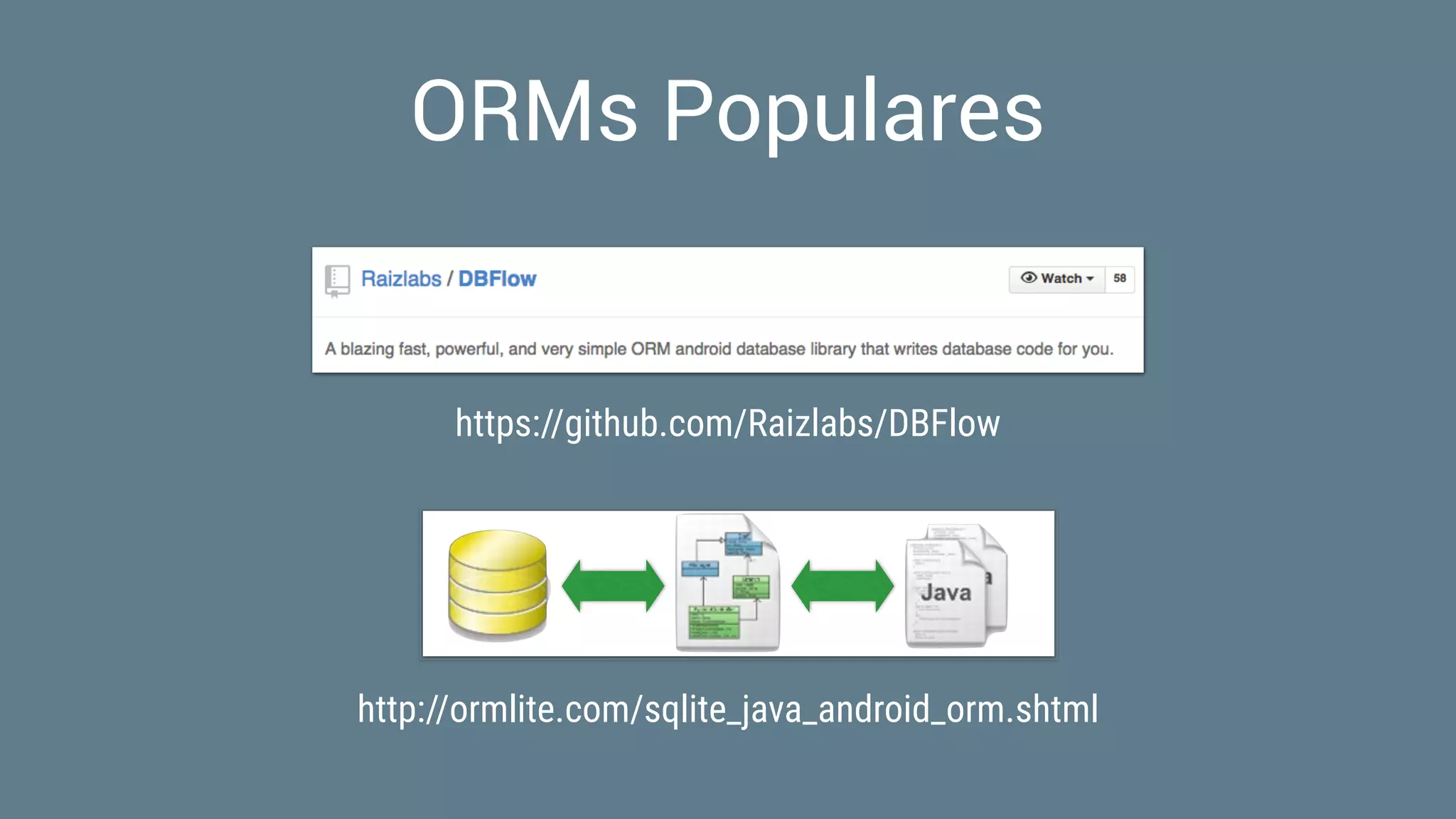 ORMs Populares
http://ormlite.com/sqlite_java_android_orm.shtml
https://github.com/Raizlabs/DBFlow
 