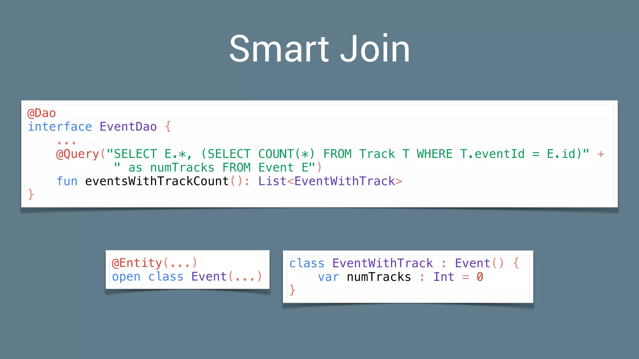 Smart Join
@Dao
interface EventDao {
...
@Query("SELECT E.*, (SELECT COUNT(*) FROM Track T WHERE T.eventId = E.id)" +
" as numTracks FROM Event E")
fun eventsWithTrackCount(): List<EventWithTrack>
}
class EventWithTrack : Event() {
var numTracks : Int = 0
}
@Entity(...)
open class Event(...)
 