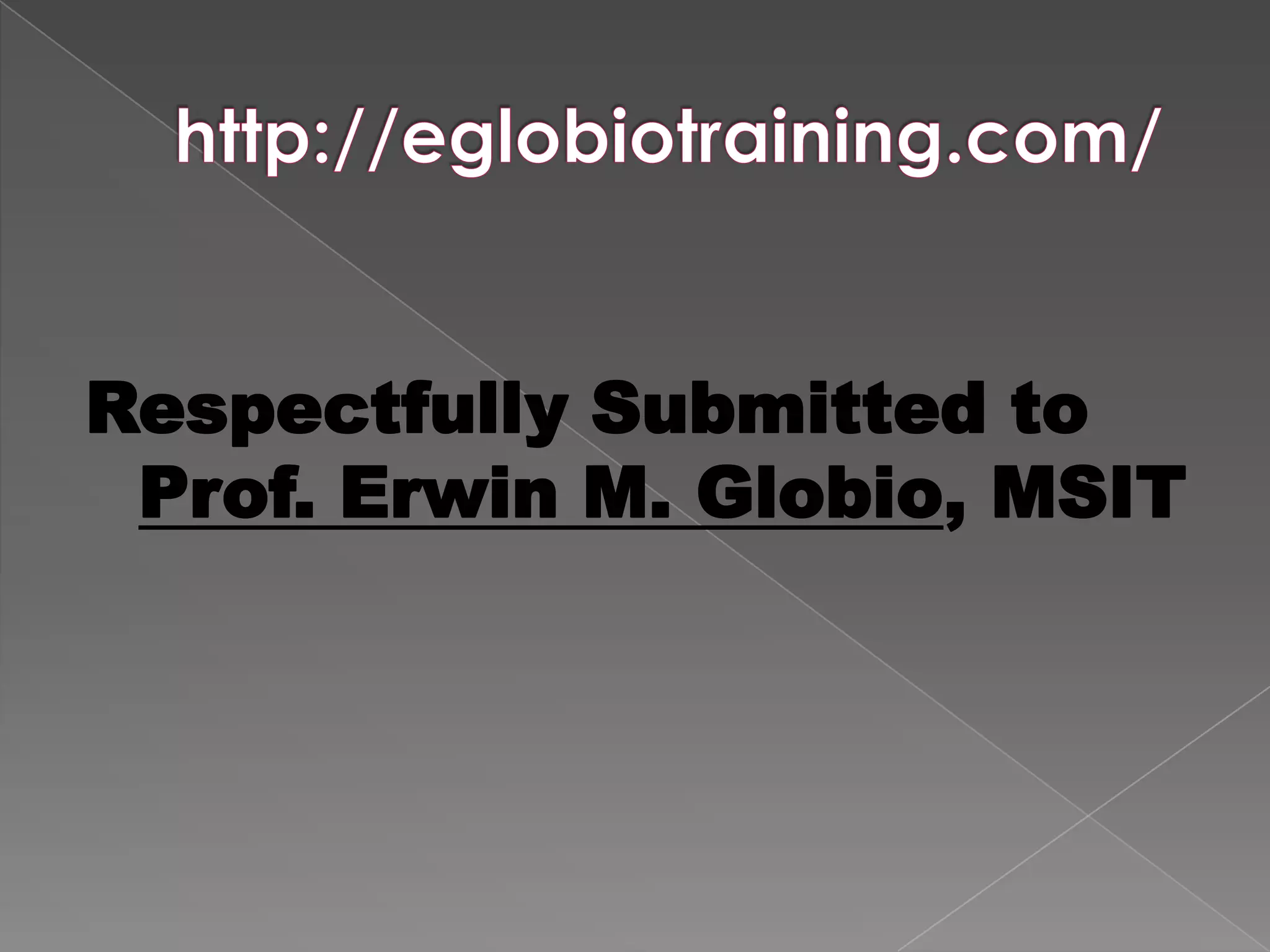Respectfully Submitted to
 Prof. Erwin M. Globio, MSIT
 