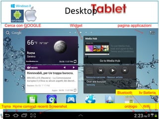 Desktop 
Cerca con GOOGLE Widget pagina applicazioni 
Bluetooth liv Batteria 
Torna Home comandi recenti Screenshot orologio WiFi 
 