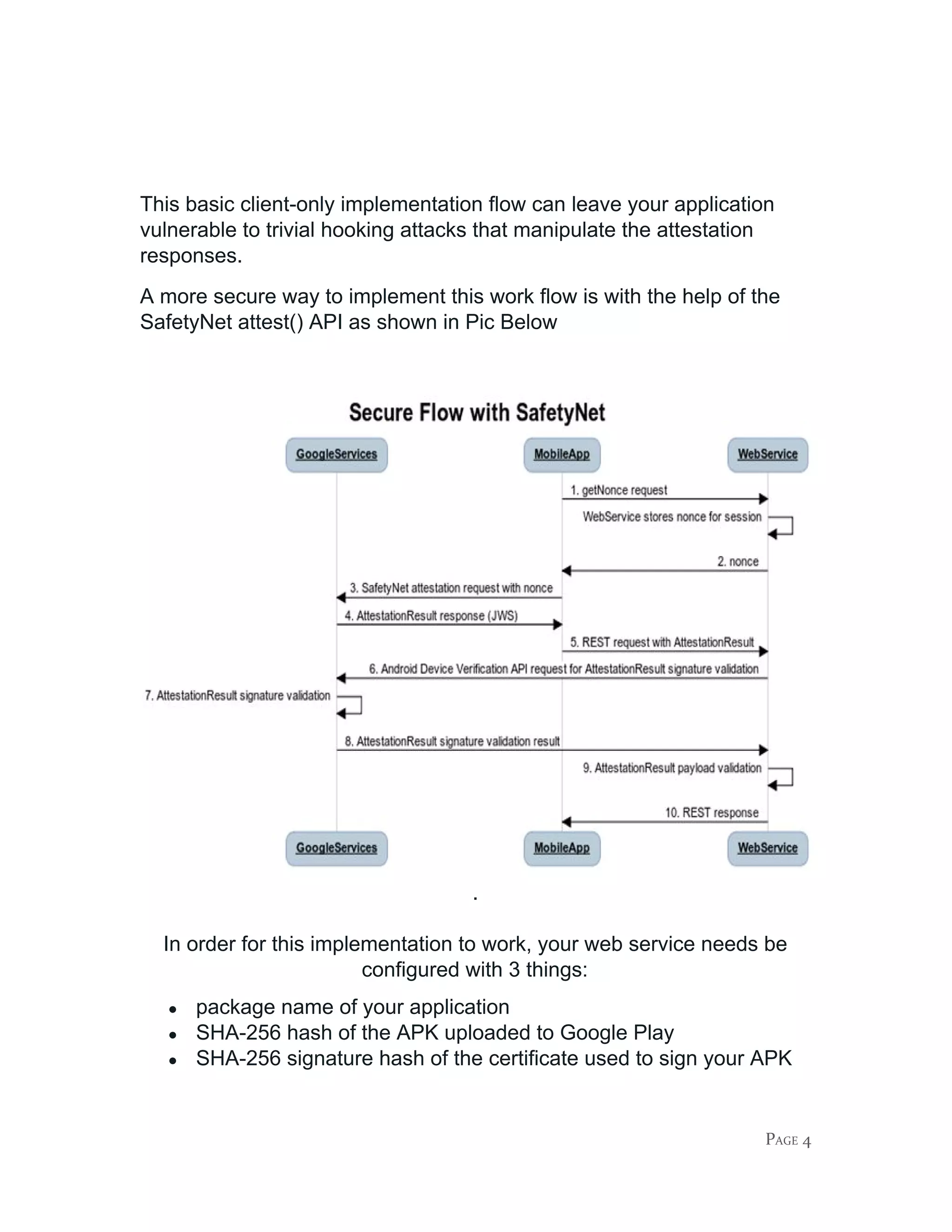 This basic client-only implementation flow can leave your application
vulnerable to trivial hooking attacks that manipulate the attestation
responses.
A more secure way to implement this work flow is with the help of the
SafetyNet attest() API as shown in Pic Below
.
In order for this implementation to work, your web service needs be
configured with 3 things:
● package name of your application
● SHA-256 hash of the APK uploaded to Google Play
● SHA-256 signature hash of the certificate used to sign your APK
PAGE 4
 