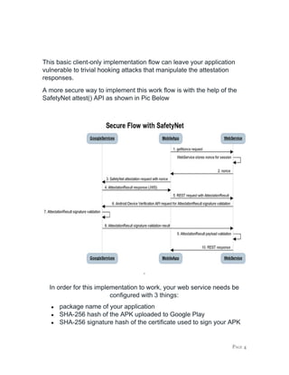 This basic client-only implementation flow can leave your application
vulnerable to trivial hooking attacks that manipulate the attestation
responses.
A more secure way to implement this work flow is with the help of the
SafetyNet attest() API as shown in Pic Below
.
In order for this implementation to work, your web service needs be
configured with 3 things:
● package name of your application
● SHA-256 hash of the APK uploaded to Google Play
● SHA-256 signature hash of the certificate used to sign your APK
PAGE 4
 