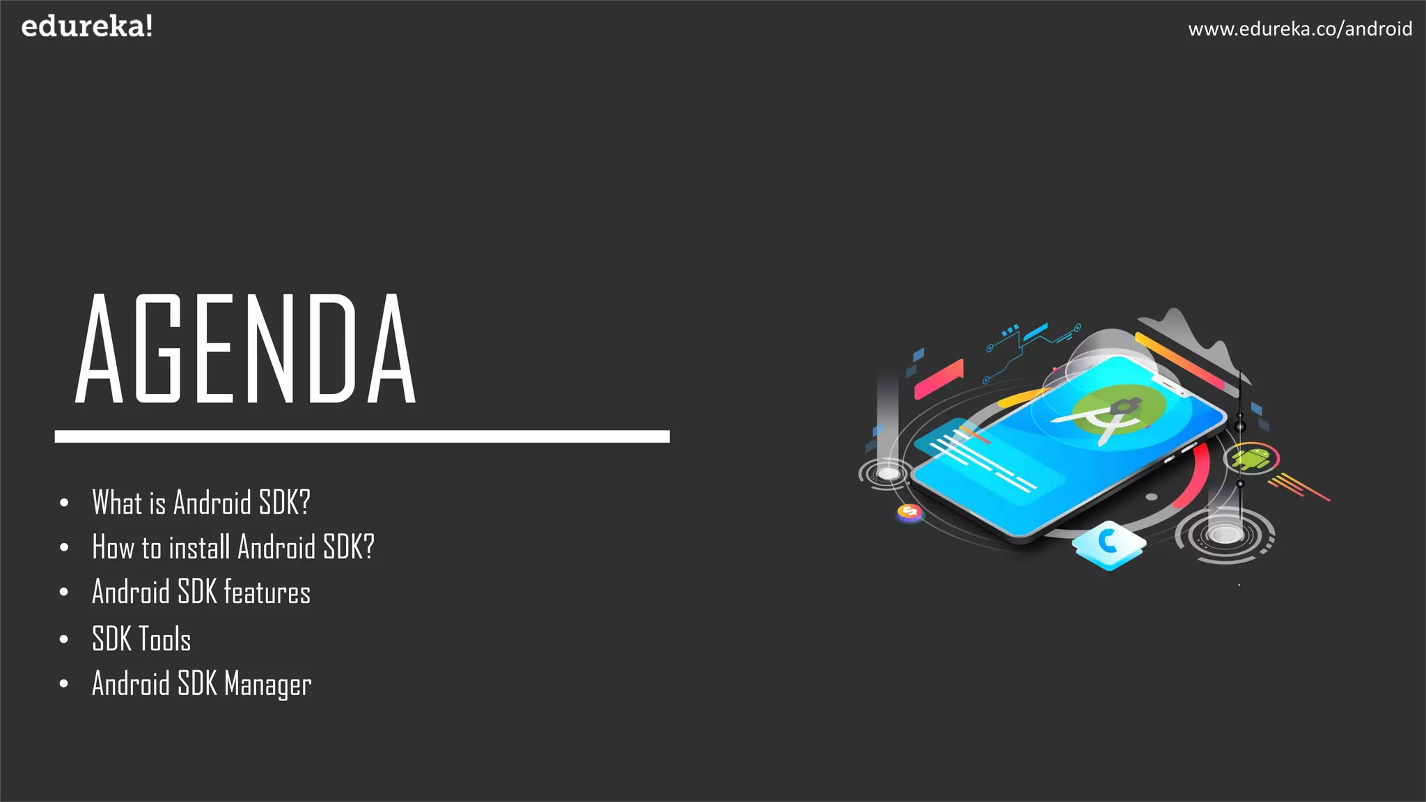 • What is Android SDK?
• How to install Android SDK?
• Android SDK features
www.edureka.co/android
• SDK Tools
• Android SDK Manager