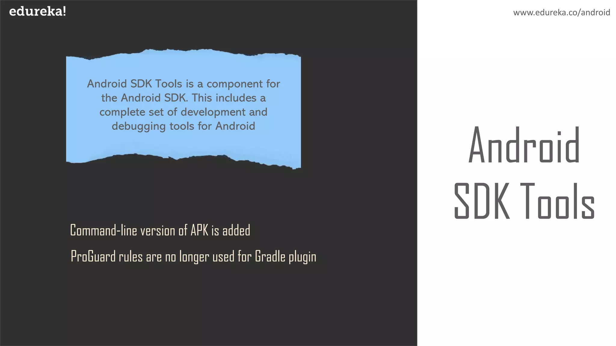 www.edureka.co/android
Android SDK Tools is a component for
the Android SDK. This includes a
complete set of development and
debugging tools for Android
Command-line version of APK is added
ProGuard rules are no longer used for Gradle plugin