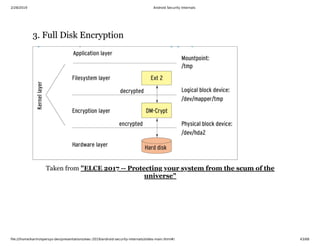 2/28/2019 Android Security Internals
ﬁle:///home/karim/opersys-dev/presentations/ewc-2019/android-security-internals/slides-main.html#/ 43/68
3. Full Disk Encryption3. Full Disk Encryption
Taken from "ELCE 2017 -- Protecting your system from the scum of the
universe"
 