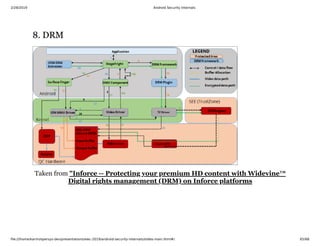 2/28/2019 Android Security Internals
ﬁle:///home/karim/opersys-dev/presentations/ewc-2019/android-security-internals/slides-main.html#/ 65/68
8. DRM8. DRM
Taken from "Inforce -- Protecting your premium HD content with Widevine™
Digital rights management (DRM) on Inforce platforms
 