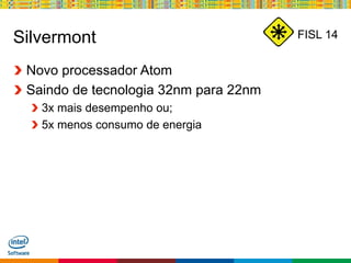 Globalcode – Open4education
FISL 14Silvermont
Novo processador Atom
Saindo de tecnologia 32nm para 22nm
3x mais desempenho ou;
5x menos consumo de energia
 