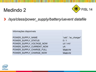 Globalcode – Open4education
FISL 14Medindo 2
/sys/class/power_supply/battery/uevent datafile
Informações disponíveis
POWER_SUPPLY_NAME “usb”, “ac_charger”
POWER_SUPPLY_STATUS 0 / 1
POWER_SUPPLY_VOLTAGE_NOW uV / mV
POWER_SUPPLY_CURRENT_NOW uA
POWER_SUPPLY_CHARGE_FULL Watt-Hr
POWER_SUPPLY_CHARGE_NOW Watt-Hr
 