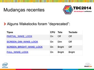 Globalcode – Open4education
TDC2014
Mudanças recentes
Alguns Wakelocks foram “deprecated”:
Tipos CPU Tela Teclado
PARTIAL_WAKE_LOCK On Off Off
SCREEN_DIM_WAKE_LOCK On Dim Off
SCREEN_BRIGHT_WAKE_LOCK On Bright Off
FULL_WAKE_LOCK On Bright Bright
 