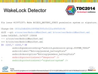 Globalcode – Open4education
TDC2014
WakeLock Detector
Fonte:
https://android.googlesource.com/platform/frameworks/base/+/3714141d287c965ea3451831dd5167f63f8db87b%5E%21/
 