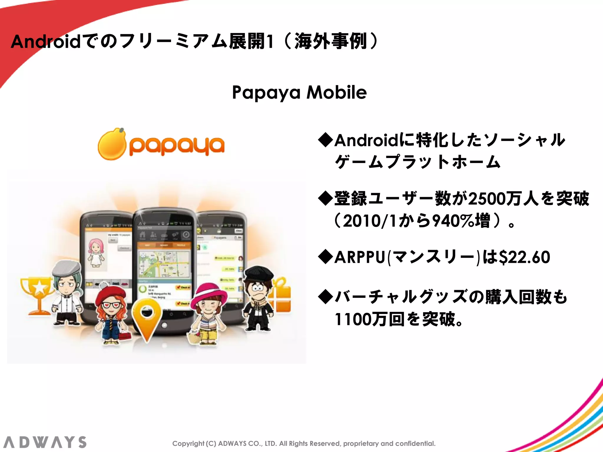 Androidでのフリーミアム展開1＇海外事例（

                            Papaya Mobile

                                                      ◆Androidに特化したソーシャル
                                                       ゲームプラットホーム

                                                      ◆登録ユーザー数が2500万人を突破
                                                       ＇2010/1から940%増（。

                                                      ◆ARPPU(マンスリー)は$22.60

                                                      ◆バーチャルグッズの購入回数も
                                                       1100万回を突破。




          Copyright (C) ADWAYS CO., LTD. All Rights Reserved, proprietary and confidential.
 